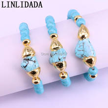 New Fashion 10Pcs Gold Color Natural Stone Connector Bracelet, Blue Howlite Stone Beaded Stretch Bracelets 2024 - buy cheap