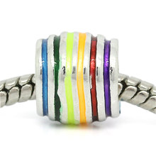 1PC DoreenBeads European Charm Zinc metal alloy Beads Cylinder Striped Silver color Enamel Beads About 10mmx9mm,Hole: 4.9mm 2024 - buy cheap