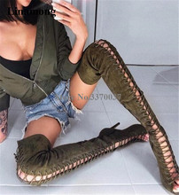 Western Fashion Women Peep Toe Suede Leather Over Knee Stiletto Heel Gladiator Boots Lace-up Army Green Long High Heel Boots 2024 - buy cheap
