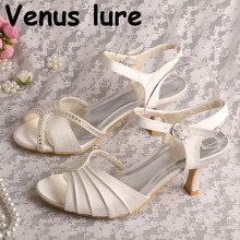 Ivory Satin Peep Toe Slingbacks for Women Sandals Mid Heel Ladies Sandals 2024 - buy cheap