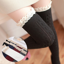 Cute Twist Pattern Cotton Thigh High Stockings Lace Trimmed Over Knee Stockings 5 Colors 2024 - buy cheap