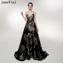 JaneVini 2018 Vintage A Line Floral Print Beaded Long Prom Dresses Spaghetti Straps Backless Satin Bridesmaid Dress Floor Length 2024 - buy cheap