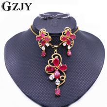 GZJY Fashion Jewelry Yellow Gold Color Red Zircon Pendant Necklace Earrings Set For Women Wedding Engagement indian Jewelry 2024 - buy cheap