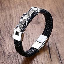 Mens Braided Leather Bracelets Stainless Steel Cable Inlay Weave Leathers Bracelet Men Jewelry Punk Cuff Bangle Wristband 2017 2024 - buy cheap
