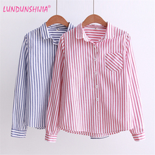 LUNDUNSHJIA-Blusa de manga larga a rayas azules y rojas, camisa con cuello levantado para mujer, Camisas de mujer 2024 - compra barato