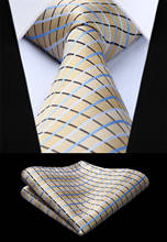 Woven Classic Men Tie Necktie  TC713E8S Plaid Beige Blue Check 3.4" Silk Tie Party Wedding Handkerchief Set 2024 - buy cheap