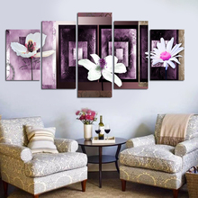 Lienzo en módulos para decoración del hogar, 5 piezas, pintura de flor blanca, póster de fondo púrpura, arte de pared de salón sin marco 2024 - compra barato