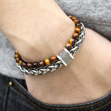 Natural Stone Beads Bracelet For Men Two Layers Gunmetal Steel Wheat Cable Rolo Chain Mens Bracelets Male Jewelry Gifts HDBM47 2024 - buy cheap