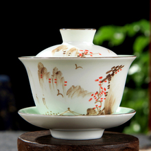 Gaiwan porcelana pintado à mão montanha-rio de bambu impressão de lótus copo terrina tigela conjunto com tampa copo pires coaster sobre as vendas china 2024 - compre barato