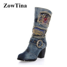 Vintage Blue Women Denim Winter Boots Pointed Toe Cowgirls Square High Heels Bota Feminina Ladies Shoes Crystal Botines Mujer 2024 - buy cheap