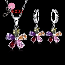 Conjuntos de joias pingente de cristal cz colorido brilhante cinco peças conjuntos de joias colar 925 esterlina + dangle/aro brinco 2024 - compre barato