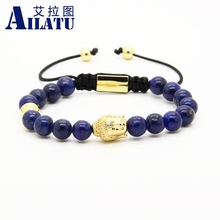 Ailatu jóias religiosas atacado 10 pçs/lote 8mm lapis lazuli contas de pedra com digno claro cz buda cabeça macrame pulseiras 2024 - compre barato