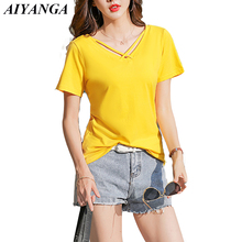 Cotton White T Shirts Women's T Shirts 2019 Summer T-Shirts V Neck Short Sleeve Casual Tops and Pullovers Solid Color Top 2024 - buy cheap