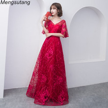Vestido de noche largo rojo vino con cuello en V y apliques, elegante, de encaje, para fiesta, banquete, graduación 2024 - compra barato