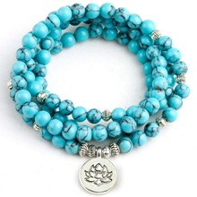 Yoga Blue Howlite Stone Men 6mm 108 Beads Strand Bracelets Lotus Buddha Mala Bracelet For Women Jewelry Gift 2024 - buy cheap