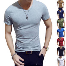 Мужская футболка с короткими рукавами, однотонная Повседневная футболка с v-образным вырезом для фитнеса, модель H9 в Корейском стиле на лето 2024 - купить недорого