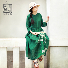 LZJN Green Floral Dress 2019 Summer Autumn 3/4 Sleeve Women Long Dresses with Belt Drawstring Waist Robe Femme Chinese Style 2024 - buy cheap