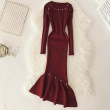 2019 winter new women chic O-neck long sleeve beading package hip knitted fishtail dress female vintage trumpet sweater dresses 2024 - buy cheap