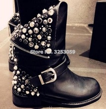 ALMUDENA Black Buckle Strap Silver Studded Embellished Motorcycle Boots Vogue Rivets Ankle Booties Gladiator Dress Shoes Sale 2024 - buy cheap