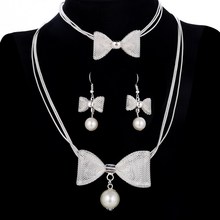 Long Bow Simulated Pearl Necklace Bracelets Earrings Set Romantic Silver Plated Butterfly Knot Pendant Bracelet Cute Earrings 2024 - buy cheap