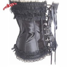 sexy satin black corset for sale,free shipping women lace up back stain corset in black ruffle bustier Body Shaper 2024 - buy cheap