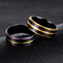 Anel masculino casual de aço inoxidável, anel colorido geométrico com listras, formato dourado, presente para homens 2024 - compre barato