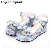 Angelic imprint woman mori girl lolita cosplay shoes lady mid heels wedges pumps women princess summer sandals 5cm 33-47 bowtie 2024 - buy cheap