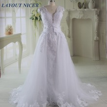White Elegant Vestido De Noiva Long Bridal Gown Detachable Skirt Wedding Dress 2017 Vintage Lace Wedding Dresses V neck Backless 2024 - buy cheap