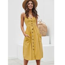 Boho Maxi Dress Women 2019 Summer Sleeveless Straps Keen Dress Sexy Backless Button Beach Dress Casual Solid Color Women Dress 2024 - buy cheap