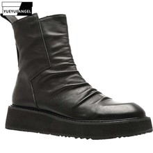 Moda masculina plataforma grossa tornozelo botas de alta parte superior couro genuíno sapatos da motocicleta dedo do pé redondo zíper botas militares sapatos de segurança 2024 - compre barato