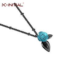 Kinitial New Retro Blue Rose Necklaces & Pendants Black Leaf Long Chain Jewelry Rose Flower Choker Necklace Pendant for Women 2024 - buy cheap