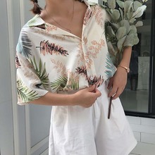 Женская блузка с коротким рукавом, летняя повседневная свободная пляжная рубашка с принтом 2024 - купить недорого