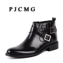 PJCMG New Pointed Toe Buckle Strap Ankle Boots Men Hombre Genuine Leather Men Motorcycle Boots For Men Work High Top Men Shoes 2024 - buy cheap