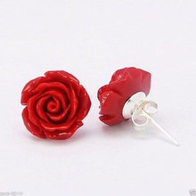 Fashion Jewelry 10mm Coral Red Rose Flower 925 Sterling Silver Earrings shipping free 2024 - buy cheap