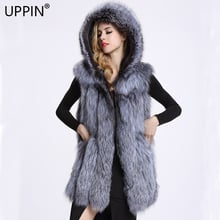 UPPIN 2018 New Fur Vest Imitation Silver Fox Fur Coat Hooded Vest Vertical Stripe Medium-long Large Size Women Faux Fur Jacket 2024 - buy cheap