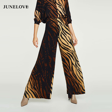 JuneLove Women Spring Zebra Animal Print Long Pants Vintage Zipper Female Loose Wide Leg Pants Casual High Waist Lady Bottoms 2024 - buy cheap