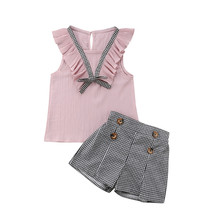 Emmababy conjunto blusa e shorts xadrez infantil, conjunto com 2 peças camiseta de manga plissada para crianças pequenas, moda feminina para vestimenta 2024 - compre barato