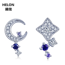 Solid 14k White Gold Natural Diamonds Blue Spphiares Stud Earrings for Women Moon Star Engagement Wedding Fine Jewelry 2024 - buy cheap