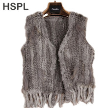 HSPL Europe Popular Genuine Rabbit Knitted Fur Gilet Women Sleeveless Fur vest with Tassel without Collar Vest Colete De Pele 2024 - buy cheap