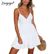 Ruiyige Sexy Deep V Backless Solid Summer Dress Lace Patchwork Casual Spaghetti Strap Women Dresses Mini Elegant Beach Vestidos 2024 - buy cheap