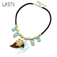 UKEN Fashion Choker Jewelry Leather Rope Chain Geometry Acrylic Beads Rhinestones Flower Pendant Women Statement Necklace N3922 2024 - buy cheap