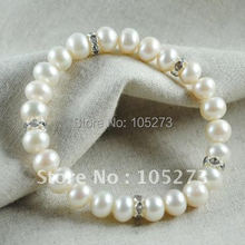 Charming Pearl Bracelet AA 8-9MM White Freshwater Pearl & White Rhinestone Rondelles Pearl Jewelry 7.5inch New Free Shipping 2024 - buy cheap