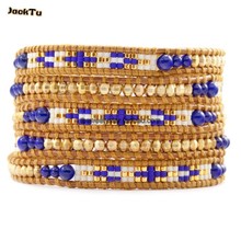 gold laser seed beads lazurite leather wrap bracelet for woman 2024 - buy cheap