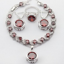 Round Silver Plated Women Jewelry Sets Imitated Red Garnet Zircon Necklace Pendant Drop Earrings Rings Bracelet Christmas Gift 2024 - buy cheap