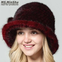 Ms. minshu chapéu de pele de vison genuíno, chapéu tricotado à mão, 100% de pele de vison real, chapéu quente de inverno, chapéu feminino da moda 2024 - compre barato