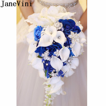 JaneVini Royal Blue Rose Wedding Bouquet Waterfall Crystal Artificial Flowers White Bridal Pearl Bride Bouquet Fleur Mariage 2024 - buy cheap