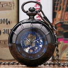 New Arrival Black Hollow Case Blue Roman Number Skeleton Dial Steampunk Mechanical Pocket Watch With Chain Gift To Men Women 2024 - buy cheap