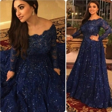 Indian Evening Gowns Dubai Arabic Muslim Long Sleeve Royal Blue Lace Winter Evening Dresses robe de soiree 2024 - buy cheap