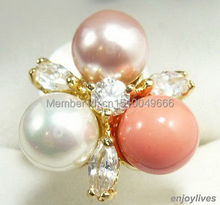 FREE shipping>>>White Pink South Sea Shell Pearl Pink Coral  Crystal Ring Size: 6.7.8.9 2024 - buy cheap
