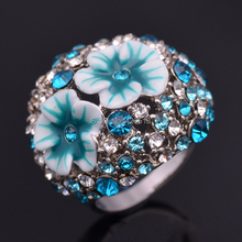 Anéis de casamento com flor esmaltada azul, joia em cor prata mar e cristal austríaco genuíno para mulheres 2024 - compre barato